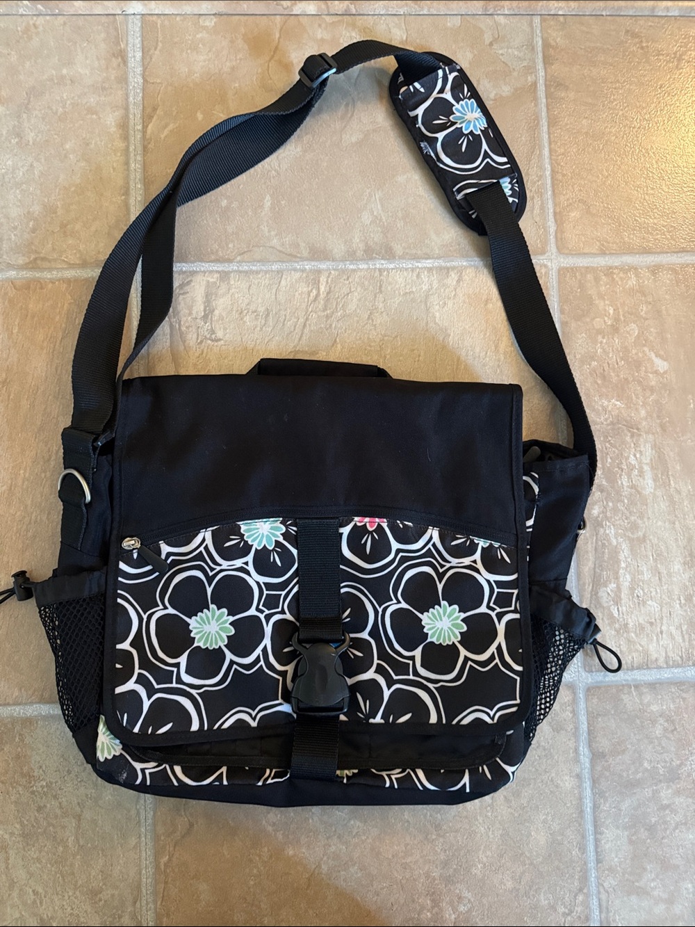 Womens' Girls' Black Floral Pattern Crossbody Messenger Bag School College Work